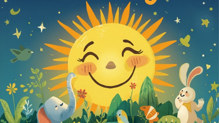 Bunter Plakat, das einen Kindergottesdienst zum Thema Schöpfung mit einer lächelnden Sonne und Tieren bewirbt.