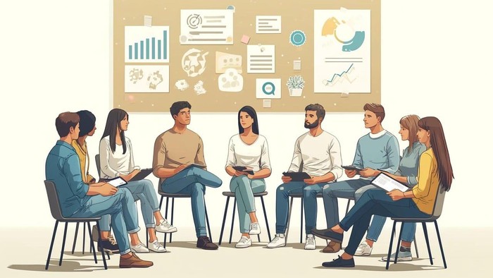 Eine Gruppe von Menschen sitzt im Kreis und diskutiert, während Diagramme und Grafiken im Hintergrund angezeigt werden.