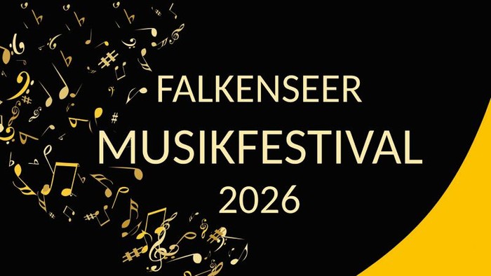 Plakat Falkenseer Musikfestival 2026: Notenstrudel, Schriftzug Falkenseer Musikfestval 2026, Jazz, Klassik, Irish Folk, A Cappella und die Daten der Konzerte