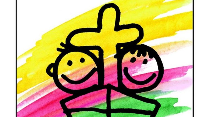 Buntes Kinderbild mit zwei lächelnden Gesichtern in einem Boot vor einem Regenbogenhintergrund und dem Text *„Kirche mit Kindern“* darunter.