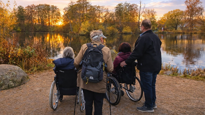 Eine Gruppe genießt einen malerischen Sonnenuntergang am See, wobei zwei Personen im Rollstuhl sitzen und andere Unterstützung leisten.