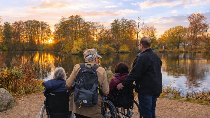 Eine Gruppe genießt einen malerischen Sonnenuntergang am See, wobei zwei Personen im Rollstuhl sitzen und andere Unterstützung leisten.