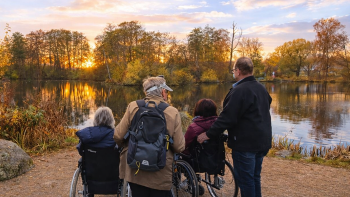 Eine Gruppe genießt einen malerischen Sonnenuntergang am See, wobei zwei Personen im Rollstuhl sitzen und andere Unterstützung leisten.