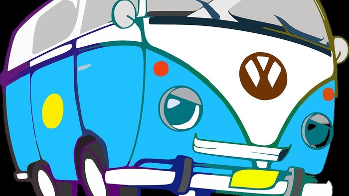 Farverig, tegneseriestil blå Volkswagen-bus med legende cirkulære og geometriske designelementer.