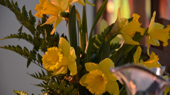 En blomsterstang med gule narciser og grønne blade.