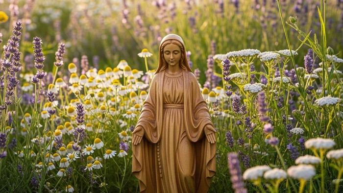 Eine friedvolle Statue einer verhüllten Figur steht inmitten lebendiger, blühender Wildblumen in einem sonnenbeschienenen Garten.