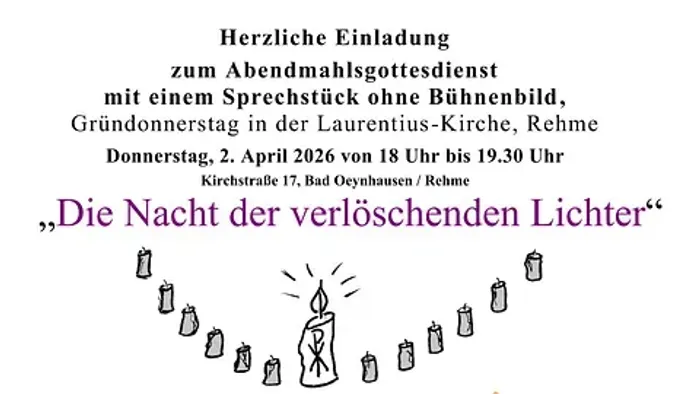 Einladung zum Karfreitagabend-Gottesdienst mit einem Theaterstück über Jesu Abschied, am 2. April 2026 in der Kirche Rehme.