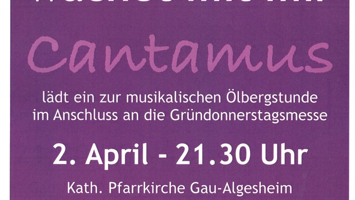 Ein Bild der Sänger und ein Bild des Pianist . Weiße Schrift auf lila Hintergrund mit dem Informationstext zur Ölbergstunde