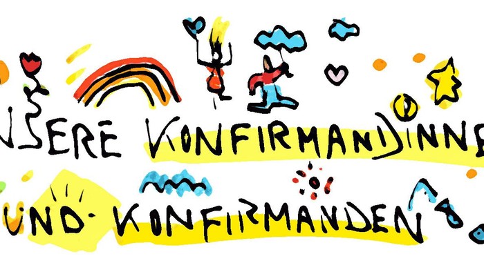 Bunter, kindlicher Schriftzug mit verschiedenen Zeichnungen und Farben