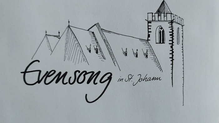 Schwarz-Weiß-Skizze einer Kirche mit der Beschriftung *„Evensong in St. Johann“*
