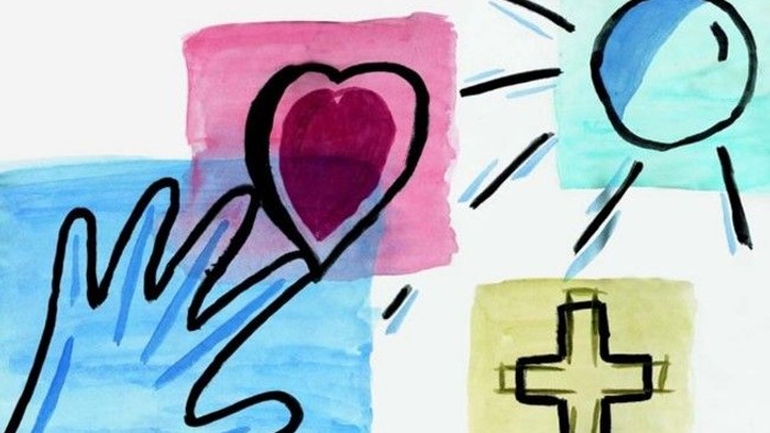 Bunte abstrakte Symbole, darunter ein Herz, eine Sonne, ein Kreuz und eine Hand, die eine Herzform hält.