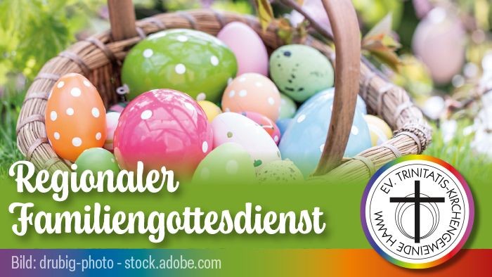 Bunte Ostereier in einem Korb für eine regionale Familiengottesdienst-Feier.