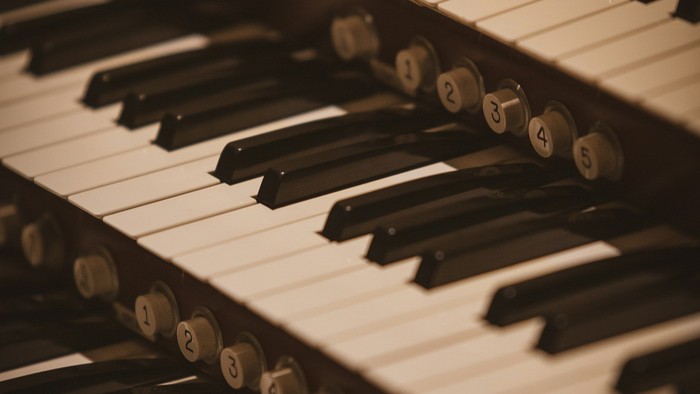 Nærbillede af et flygels sorte og hvide tangenter med indviklede detaljer i varmt lys.