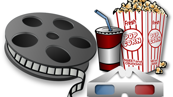 Billede af filmrulle, popcorn og 3D-briller