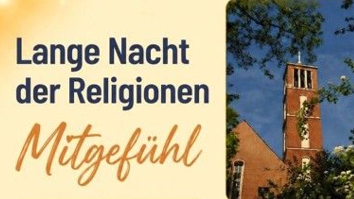 Werbeplakat für die Veranstaltung „Lange Nacht der Religionen“ mit dem Motto „Gemeinsames Mitgefühl“ und einem Bild eines Kirchturms.