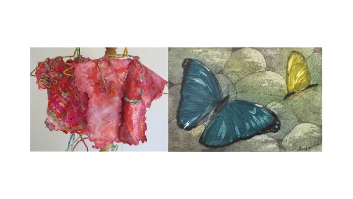 En sammenligning af en rød stofblomstskulptur og livlige sommerfugle, der hviler på sten.