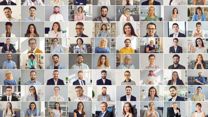 Et mangfoldigt netværk af professionelle personer, der deltager i et virtuelt møde eller en videokonference.