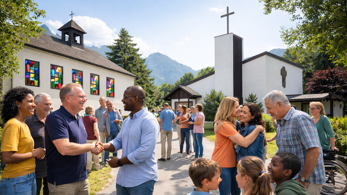 Eine vielfältige Gruppe versammelt sich vor einer bunten Kirche und tauscht freundliche Gespräche und Grüße aus.