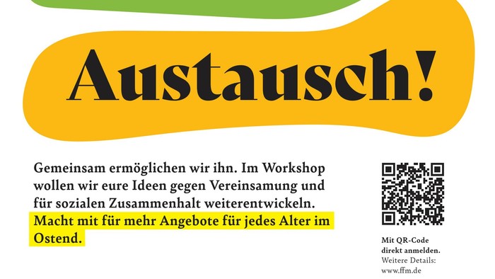 Plakat zur Einladung eines Gemeinschaftsaustauschs und der Ideenentwicklung für sozialen Zusammenhalt in Frankfurt am 27. Februar 2026.