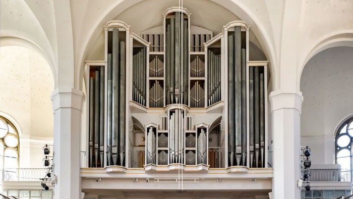 Große Pfeifenorgel in einem eleganten, gewölbten architektonischen Raum mit filigranen Holz- und Metalldetails.