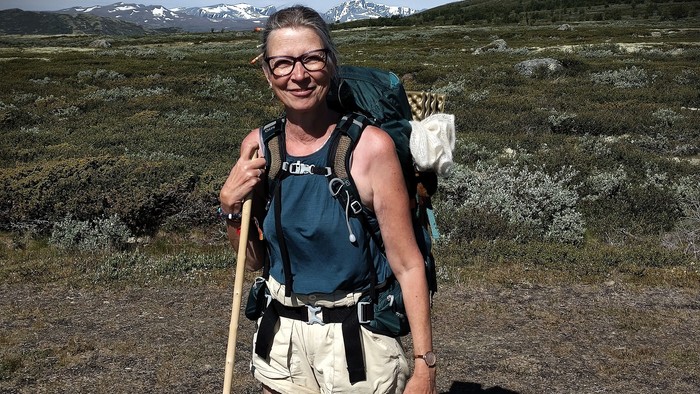 En person, der vandrer udendørs i et naturskønt landskab med en rygsæk og en vandrestav.