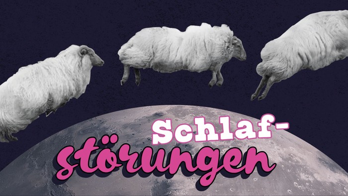 Schwebende Schafe über einem Mond mit dem deutschen Spruch *„Schlafstörungen“* in stilvoller Schrift.