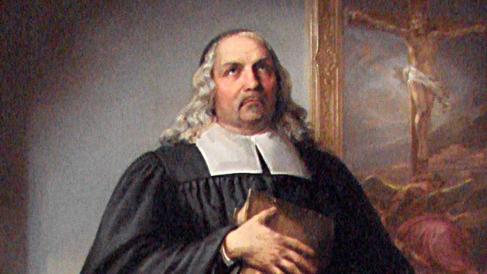Porträt eines geistlichen Würdenträgers in Robe, der ein aufgeschlagenes Buch hält, bezeichnet als Paul Gerhardt, ein lutherischer Kirchenlieddichter.