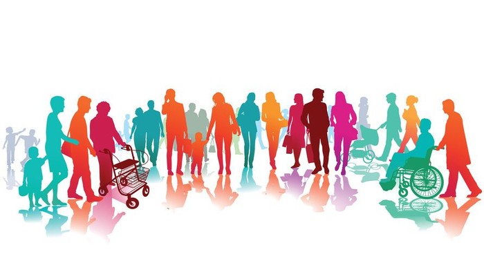 Verschiedene farbige Silhouetten von Menschen, die gehen, stehen oder im Rollstuhl sitzen