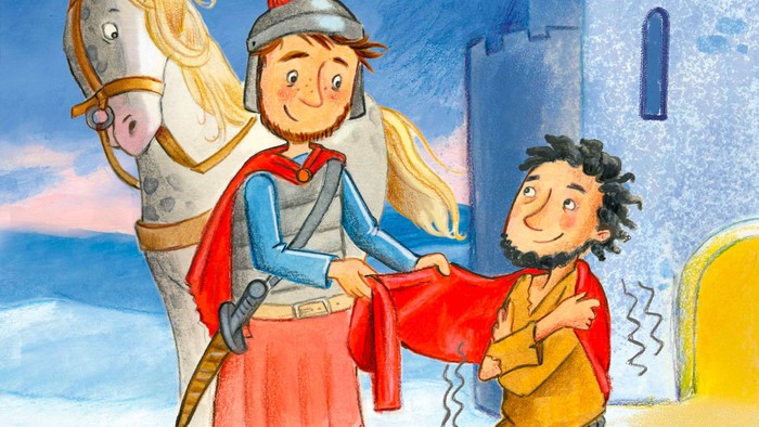 Ein Ritter zu Pferd überreicht einem jungen Jungen vor einer Burg einen roten Umhang.