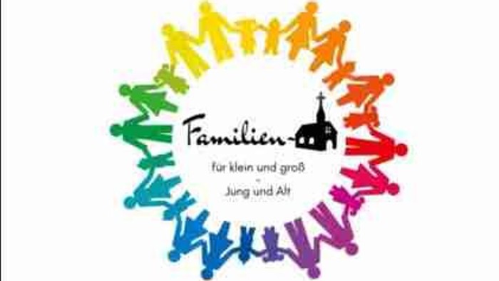 Bunter Kreis mit Menschenfiguren und Kirche in der Mitte, beschriftet mit "Familien für klein und groß".
