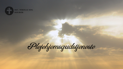 Solnedgang med lysstråler og tekst på dansk