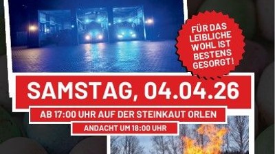 Bekanntmachung für ein Osterfeuer-Event mit Familiengottesdienst und gemeinsamer Feuerentzündung am 4. April 2026.