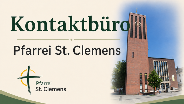 Kontaktieren Sie das Büro für das Banner der Pfarrei St. Clemens mit ihrem Backsteinkirchturm und Logo.