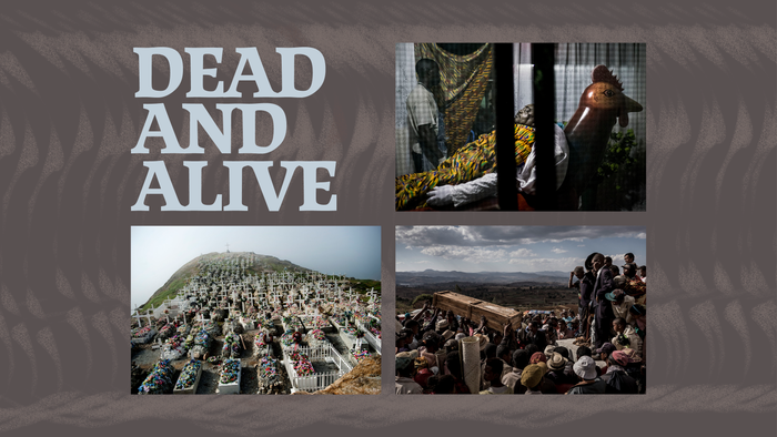 Kollage, der skildrer temaer som liv, død og begravelsesritualer med dramatiske, dystre visuelle elementer.