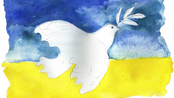 En hvid duve med olivengrene over gule og blå farver