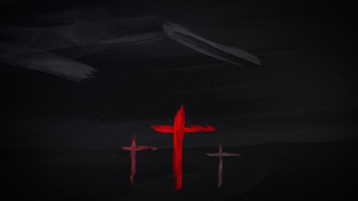 Three crosses under dark sky, one prominently red.