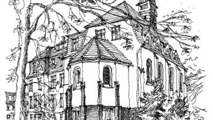 Zeichnung einer Kirche mit Bäumen und einem Kirchturm