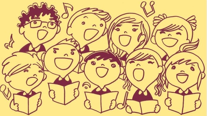 Eine fröhliche Gruppe von Kindern, die fröhlich zusammen singen und lesen, in einer lebendigen Illustration.