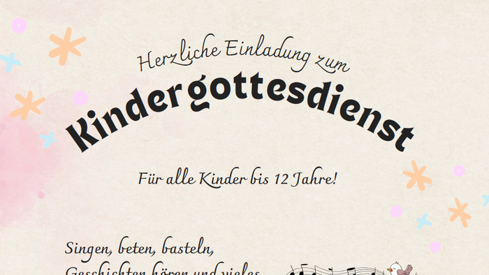 Einladungsplakat für einen Kindergottesdienst – willkommen für Kinder bis 12 Jahre mit Aktivitäten und Geschichten.