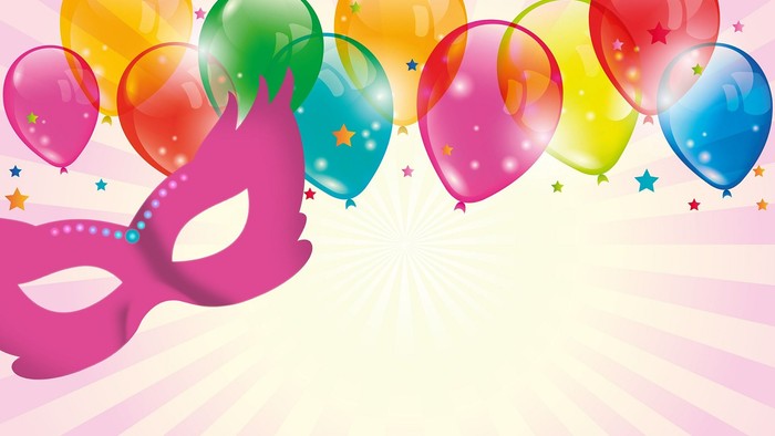 Farverige balloner og en rosa maske til fest.