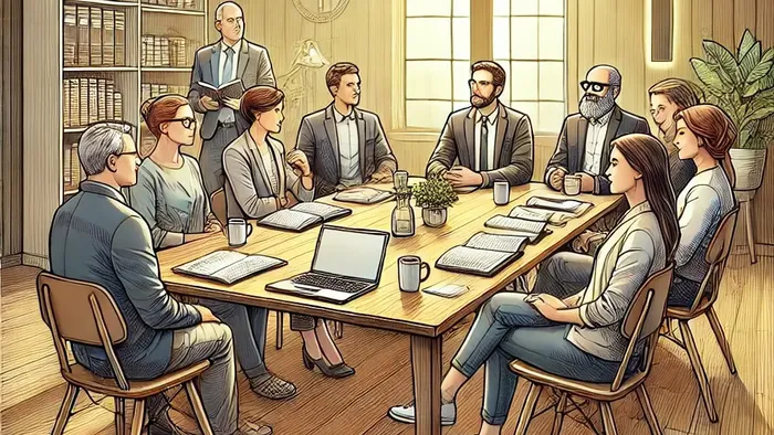 En gruppe af mennesker har et møde i et rum med religiøse symboler.