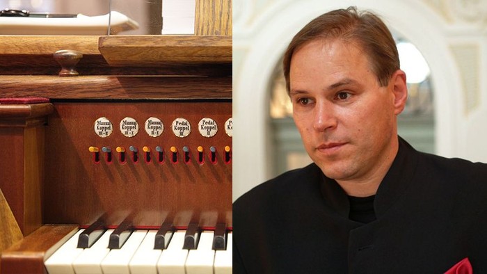 Spiltbild: links Ausschnitt der Orgel, rechts Porträt Christian Brembeck