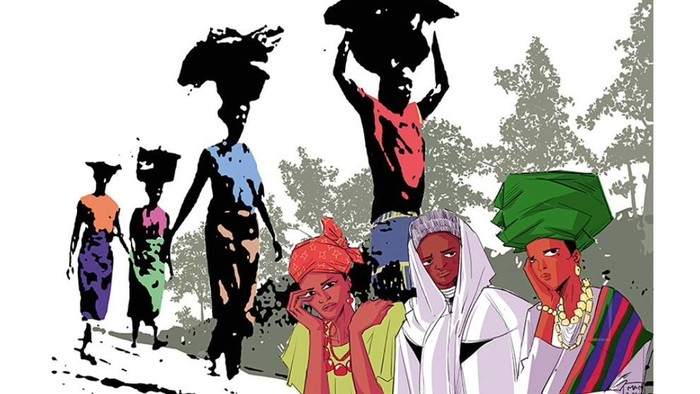 Bunte, stilisierte Illustration verschiedener Menschen, die Lasten in einer lebendigen, kulturell reichen Outdoor-Umgebung tragen.