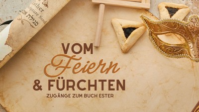 Werbeplakat für Bibelgespräche zum Buch Ester mit Terminen, Orten und festlichen Dekorationen.