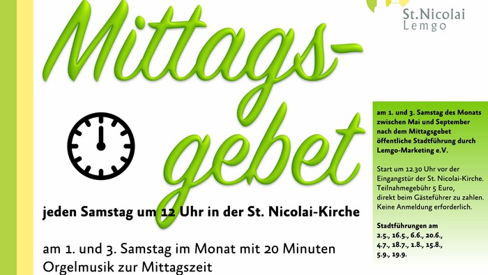 Plakat kündigt kostenlose Mittags-Orgelkonzerte in der St. Nikolai-Kirche an jedem 1. und 3. Samstag im Monat an.