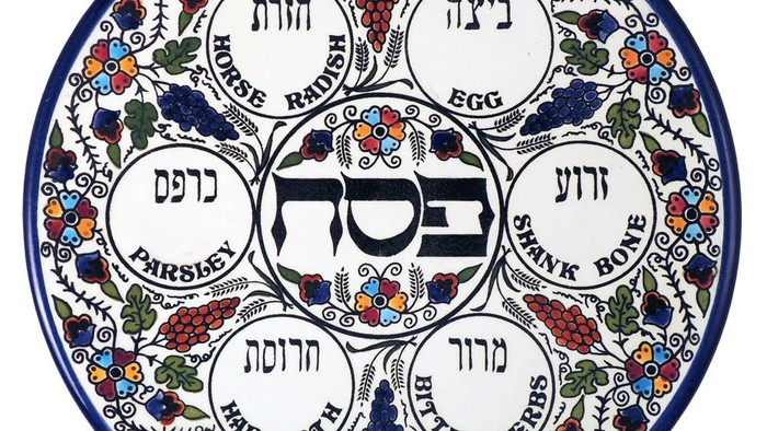 Das Bild zeigt einen Seder-Teller mit hebräischen und englischen Beschriftungen und farbenfrohen Designs.