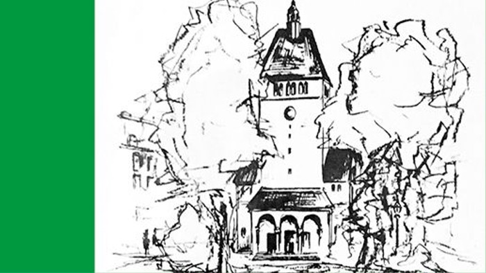 Zeichnung eines Kirchturms mit Uhr und umgebenden Bäumen