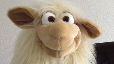 Ein weißes Stofftier-Schaf mit großen Augen und braunen Ohren.