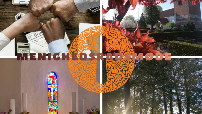 Kollage med hænder, glasmosaik, træer og et logo med teksten 