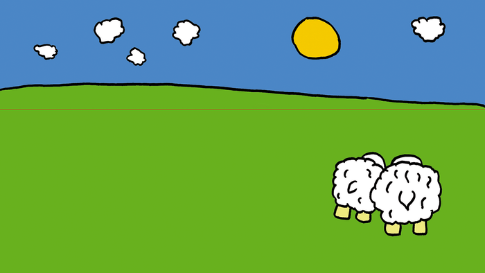 Zwei Schafe stehen auf einer grünen Wiese unter einem blauen Himmel mit Wolken und Sonne.